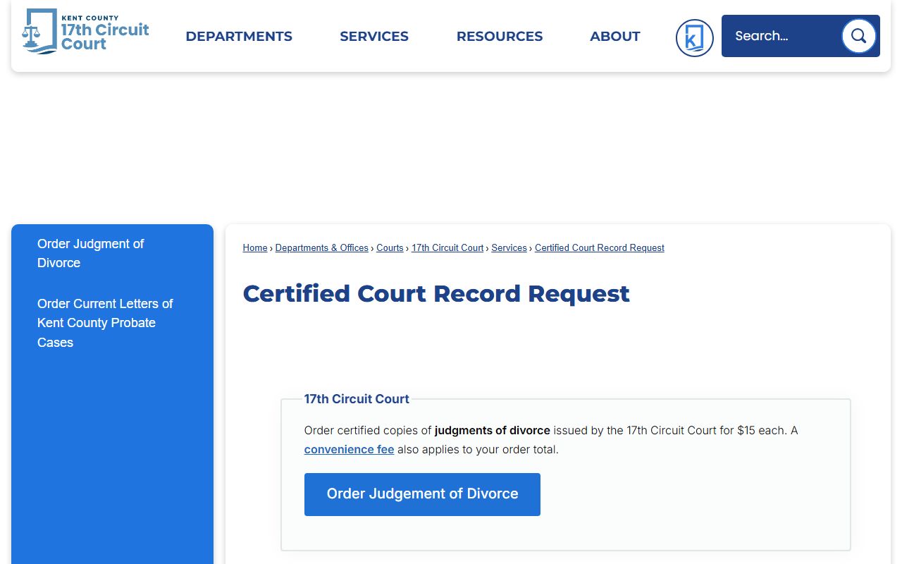 Kent County Clerk of Court certified court record request page