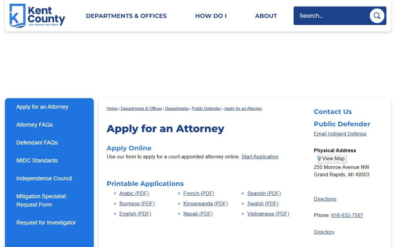 Kent County Clerk of Court court-appointed attorney application for court records cases
