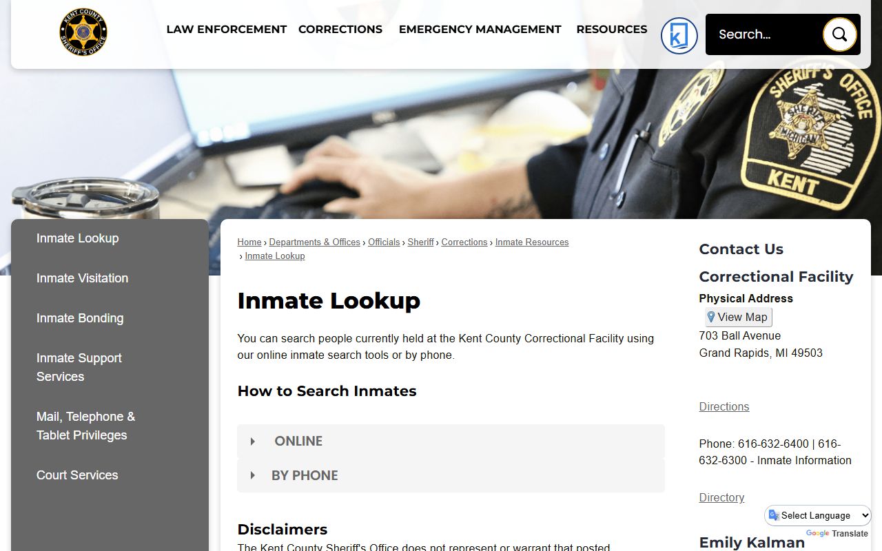 Kent County arrest records inmate lookup landing page