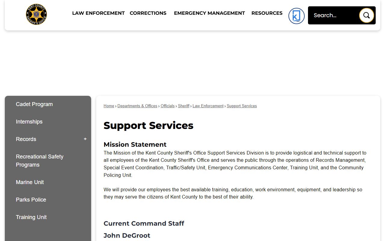 Kent County arrest records sheriff support services and records page
