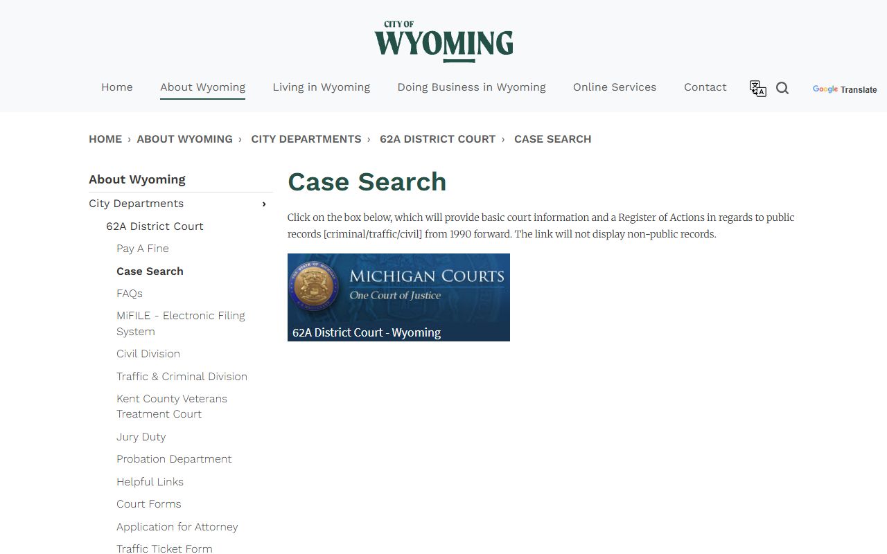 Kent County 62-A District Court case records search page for court dockets