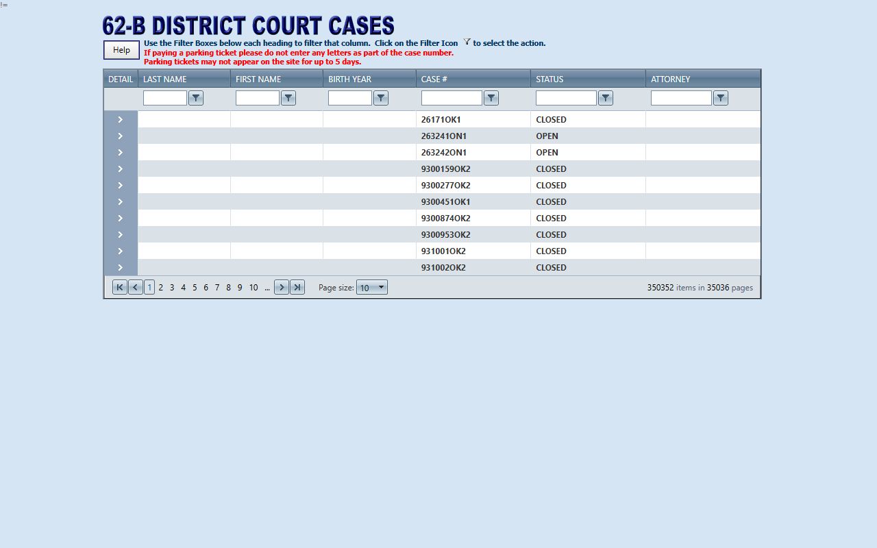 Kent County 62-B District Court public case search grid showing docket records