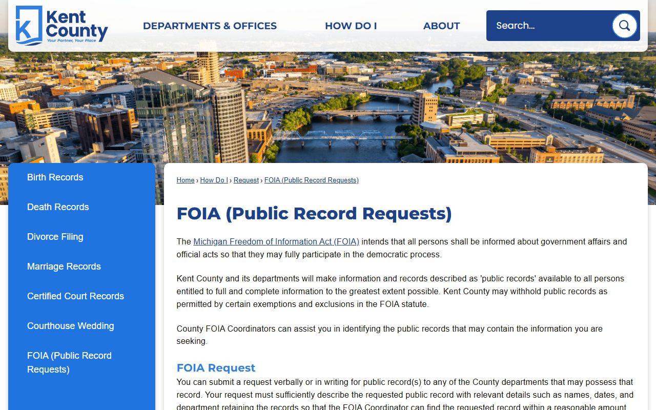 Kent County FOIA request page for public court records
