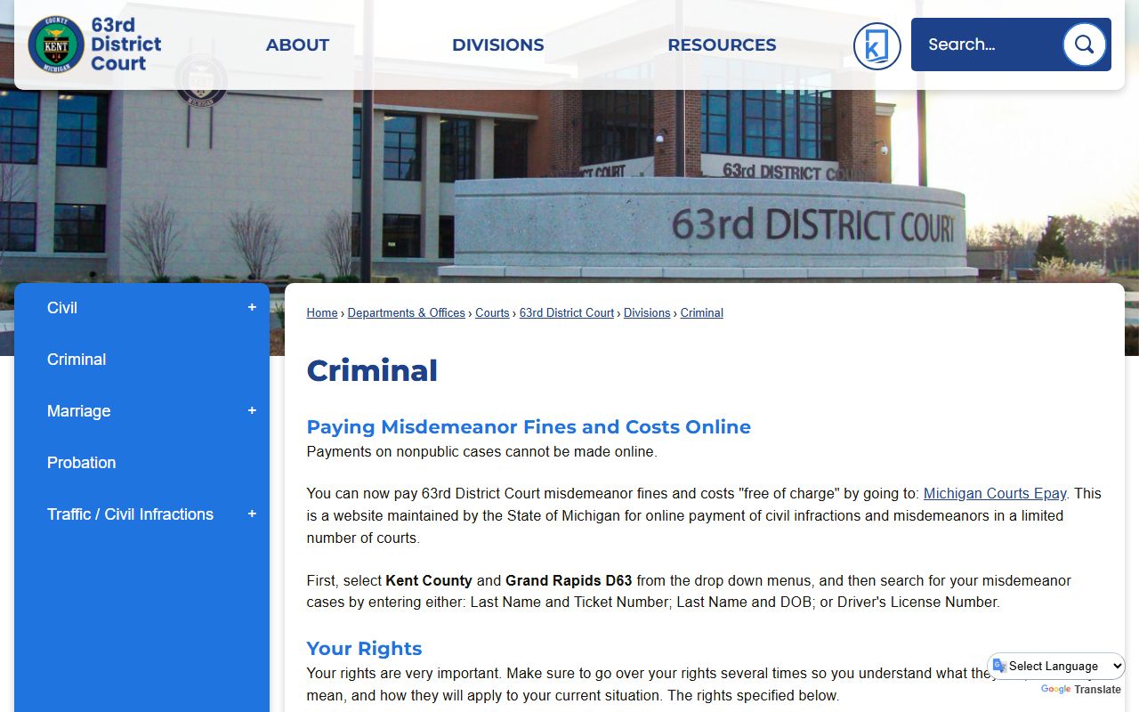 Kent County criminal court records 63rd District Court criminal page