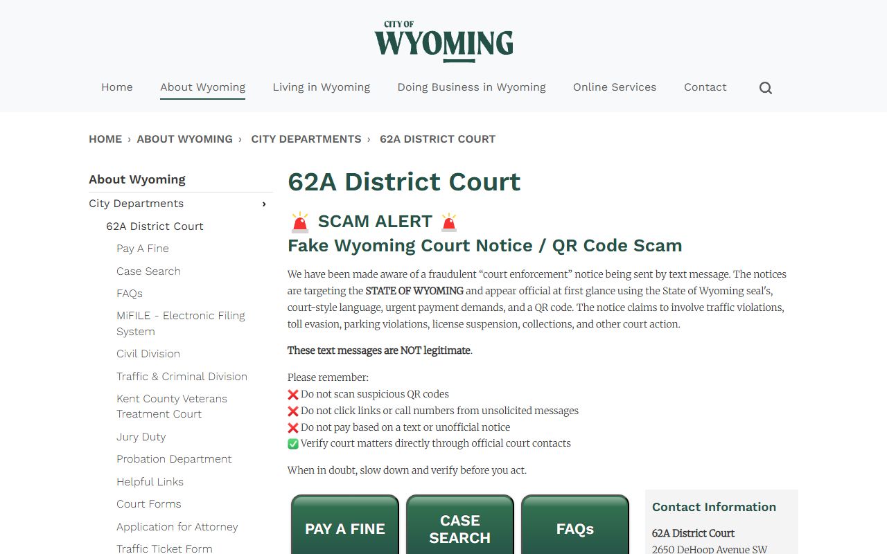 Kent County 62-A District Court contact page for court records