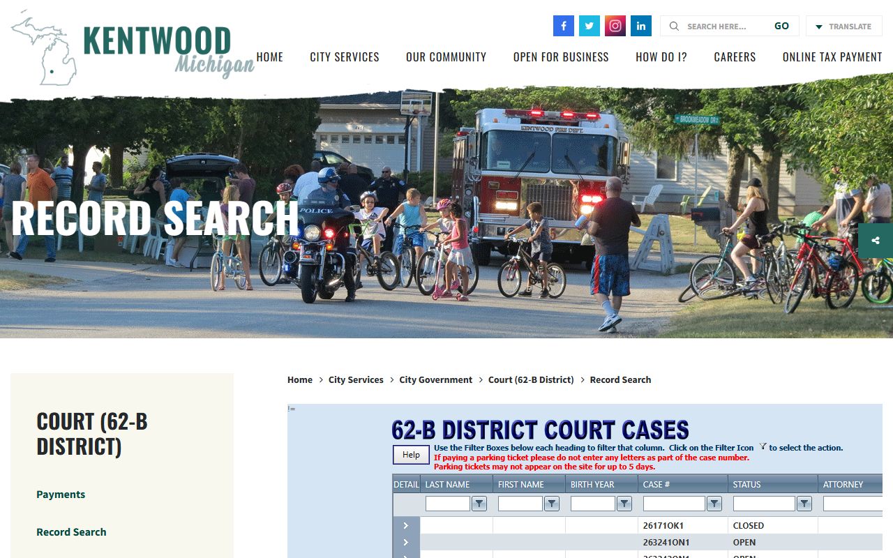 Kent County 62-B District Court record search page for court records