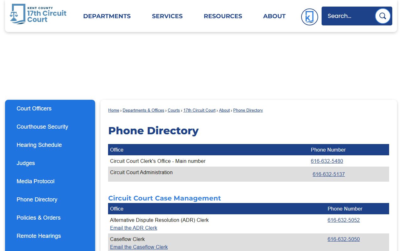 Kent County court phone directory for records requests and fee questions