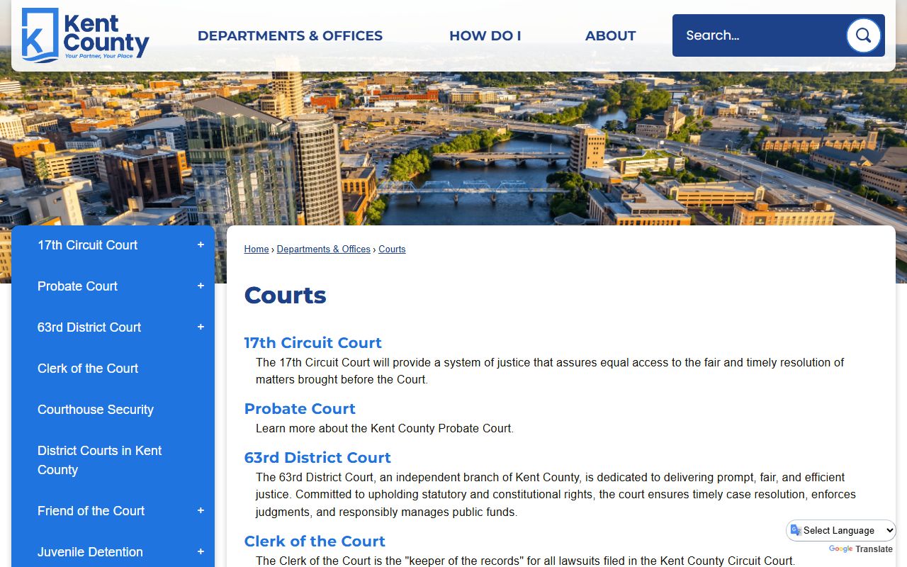 Kent County courts landing page listing circuit, district, and probate court records offices