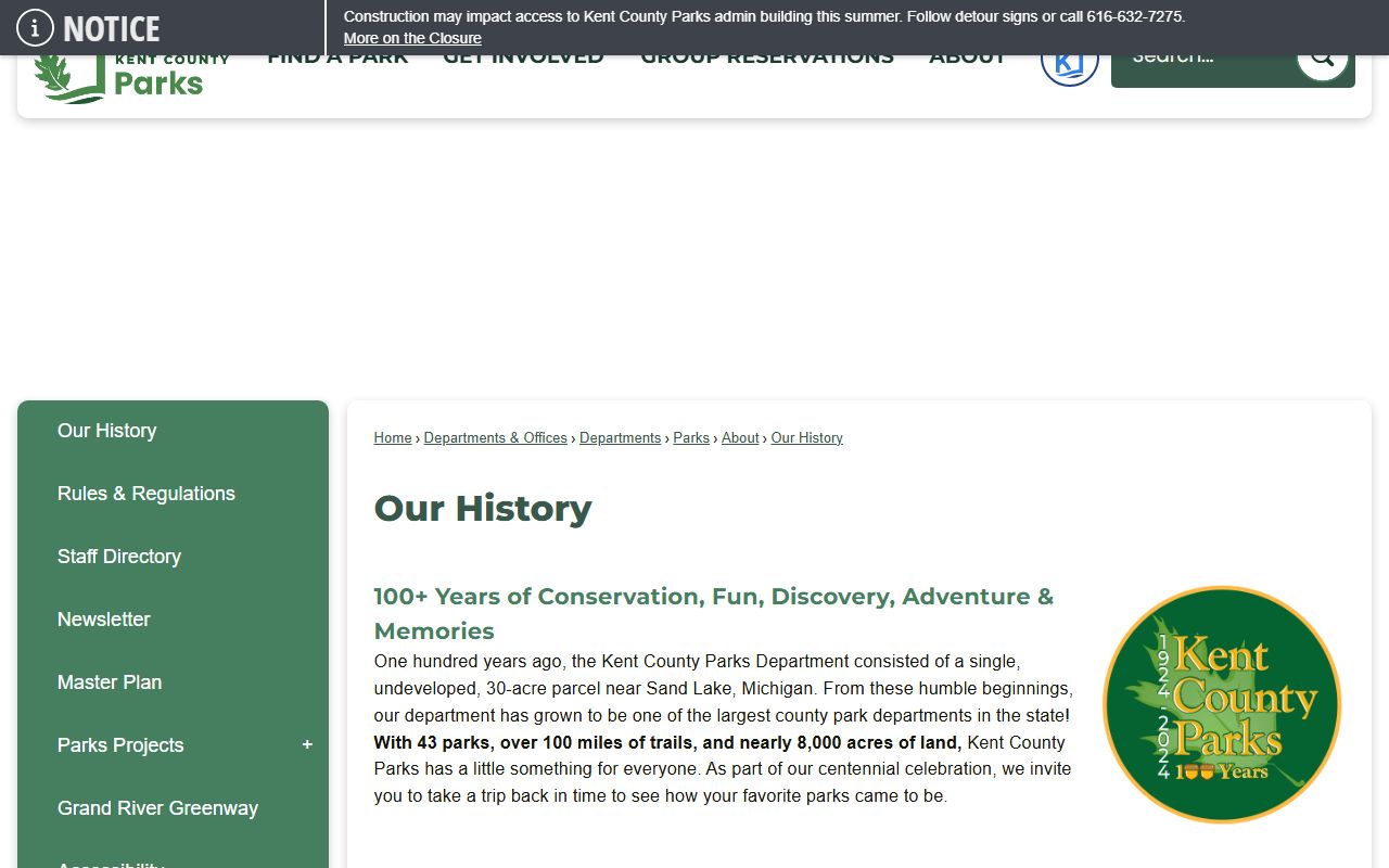 Kent County history page providing background for the county court records system
