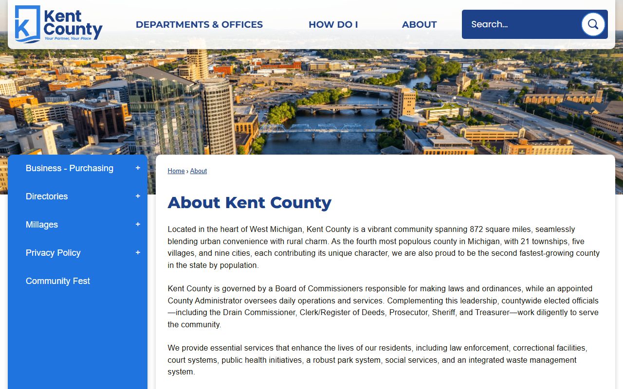 Kent County size and population overview page behind the county court system