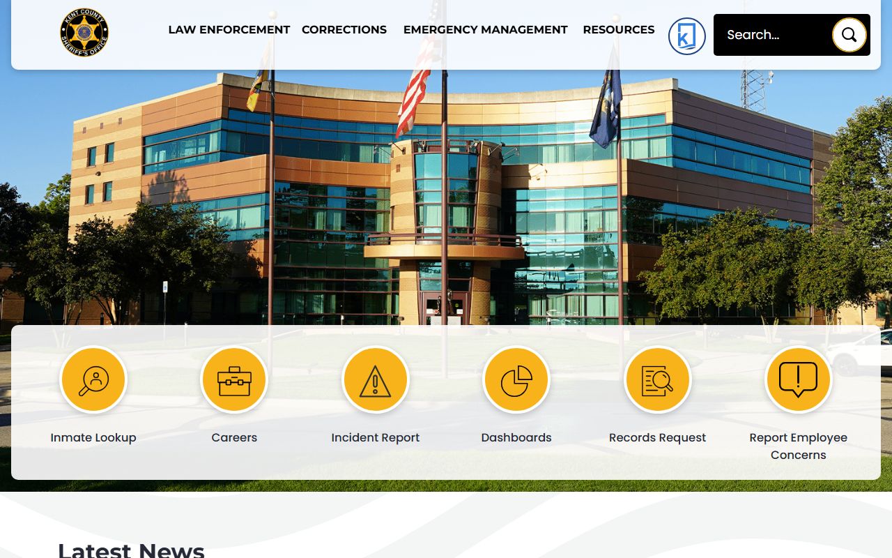 Kent County Sheriff landing page with jail and inmate records links
