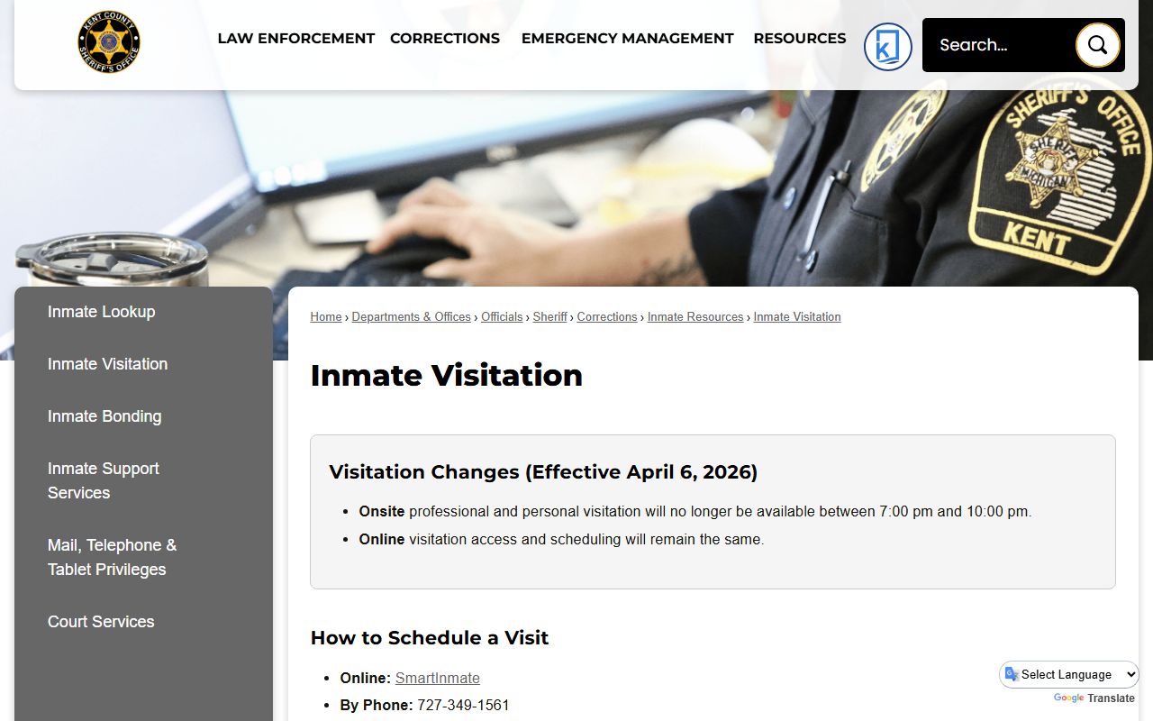 Kent County inmate records inmate visitation rules page