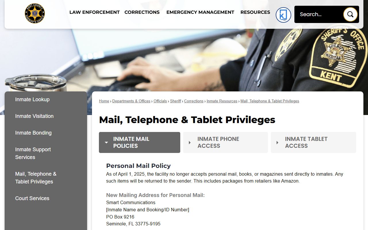 Kent County inmate records jail mail phone and tablet privileges page