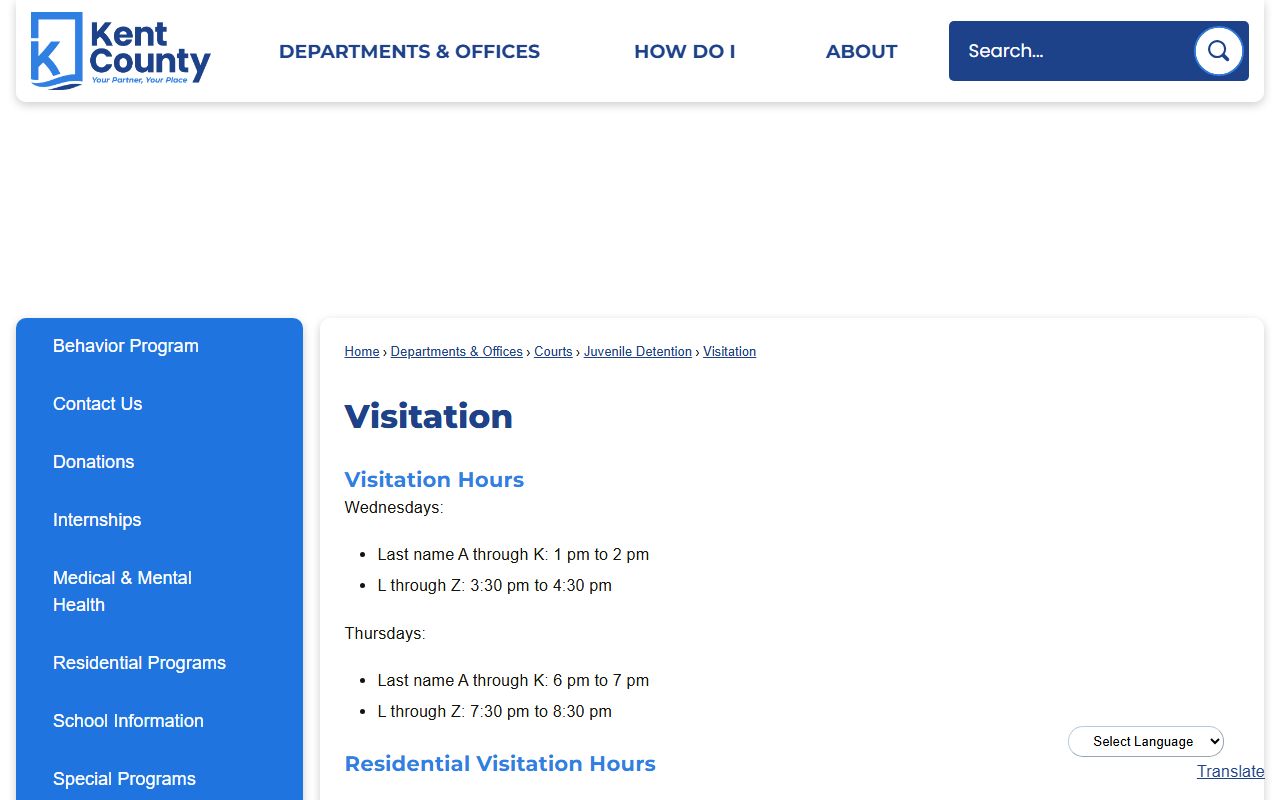 Kent County inmate records jail visitation hours page