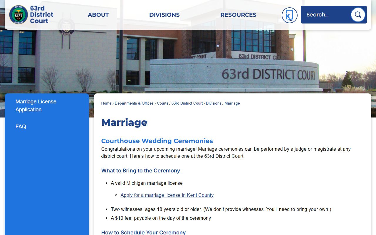 Kent County 63rd District Court marriage ceremony scheduling page