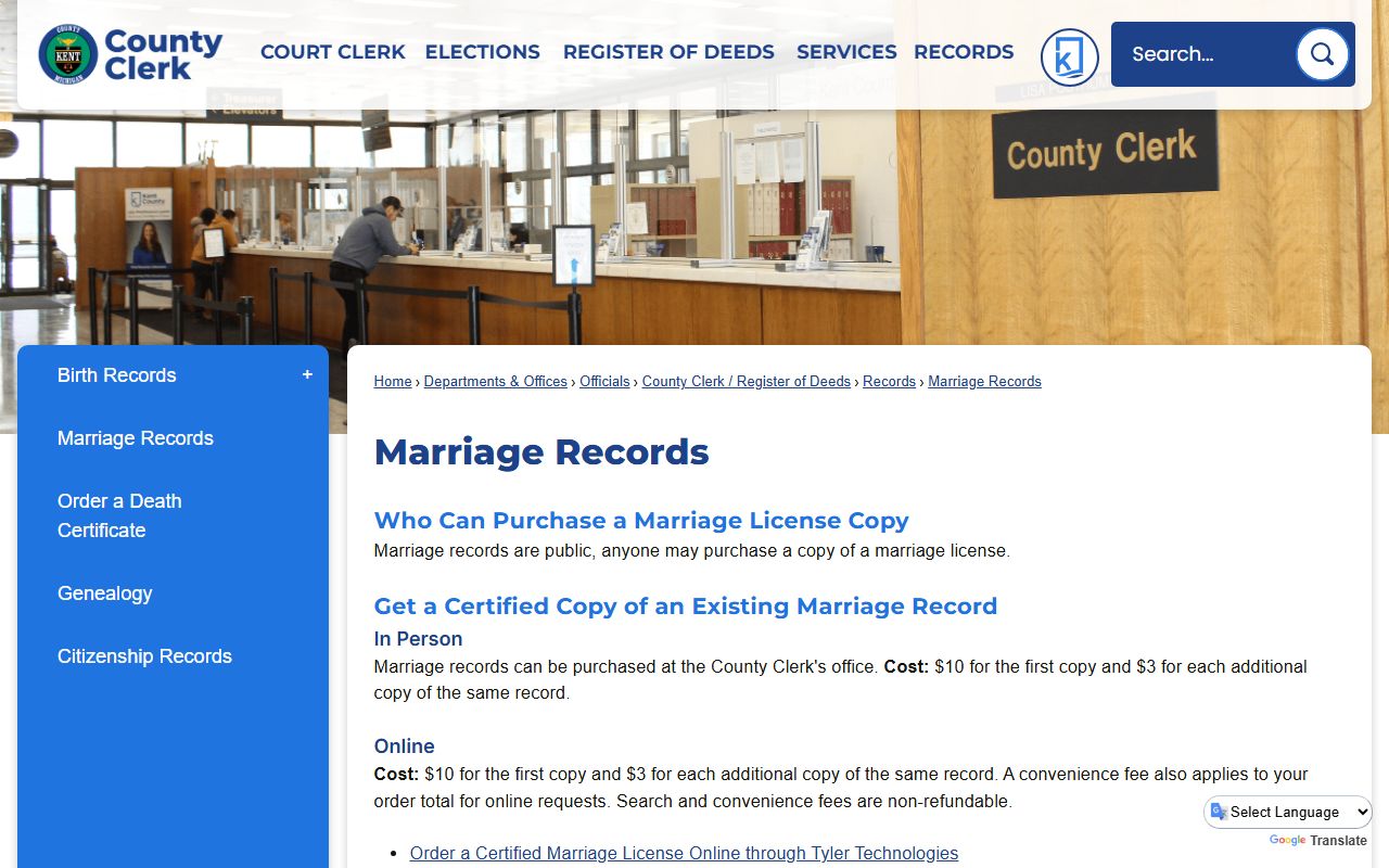 Kent County certified marriage record copy request page with fees