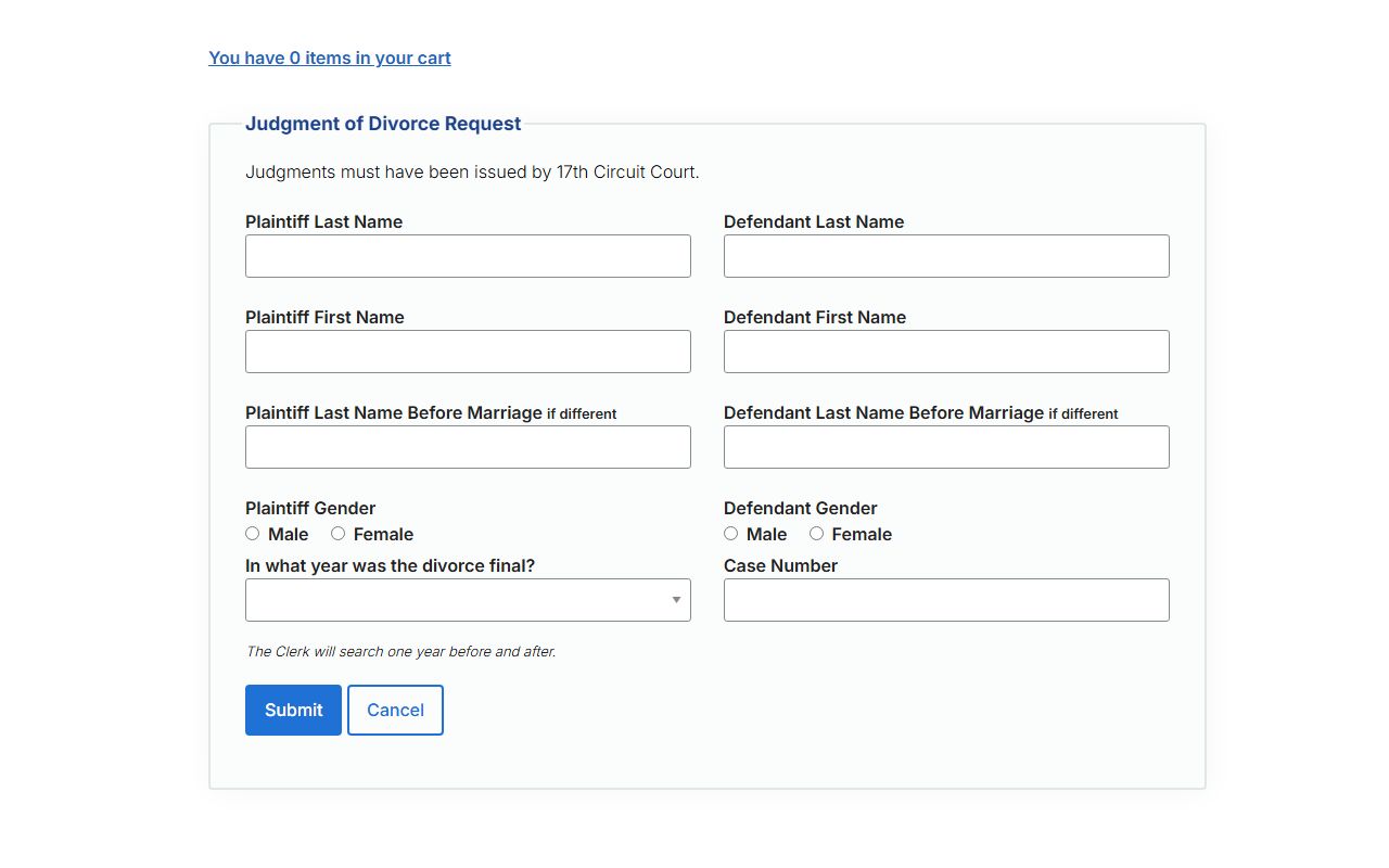 Kent County divorce judgment request form on the 17th Circuit Court records portal