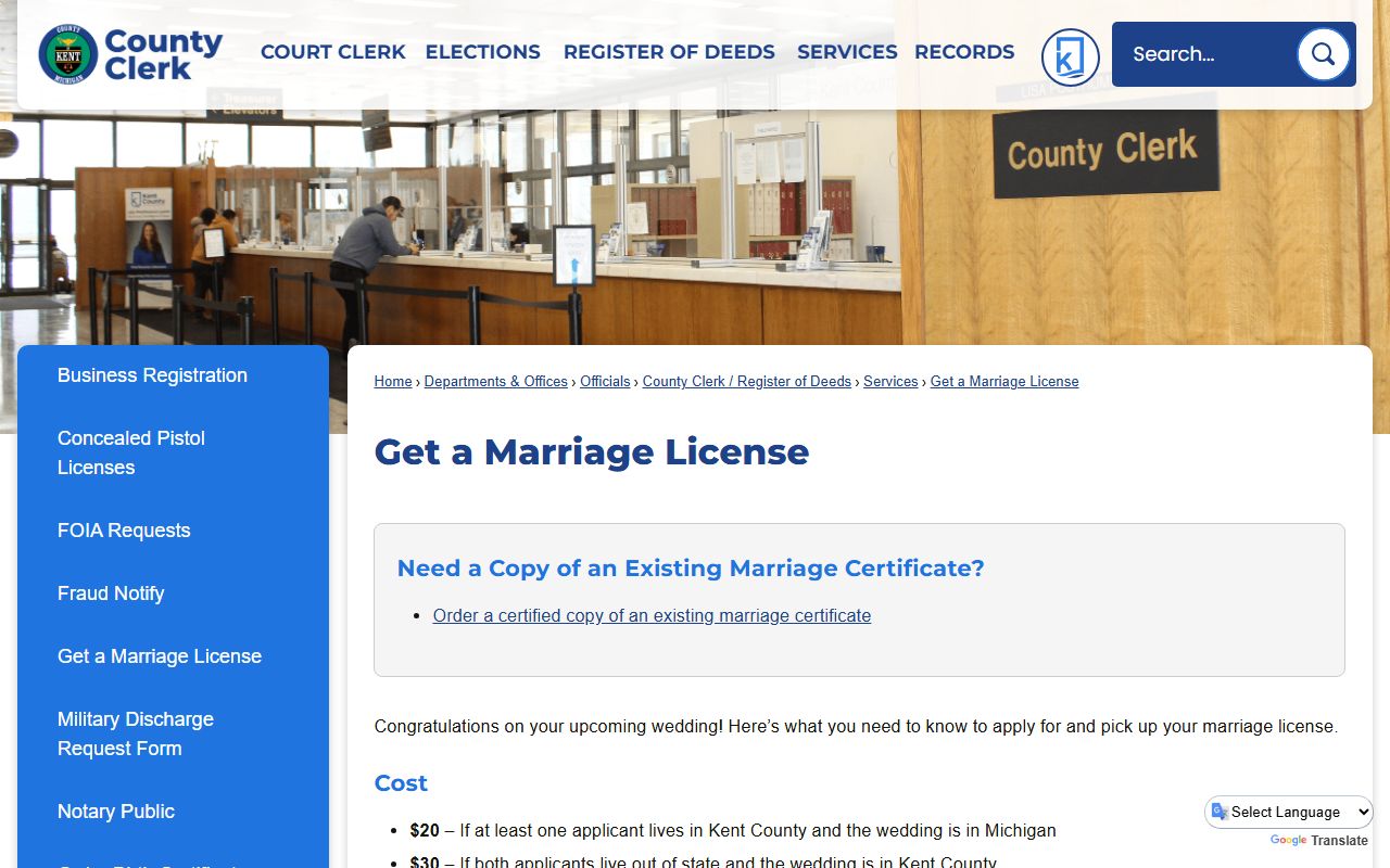 Kent County marriage license application page with fees and eligibility rules