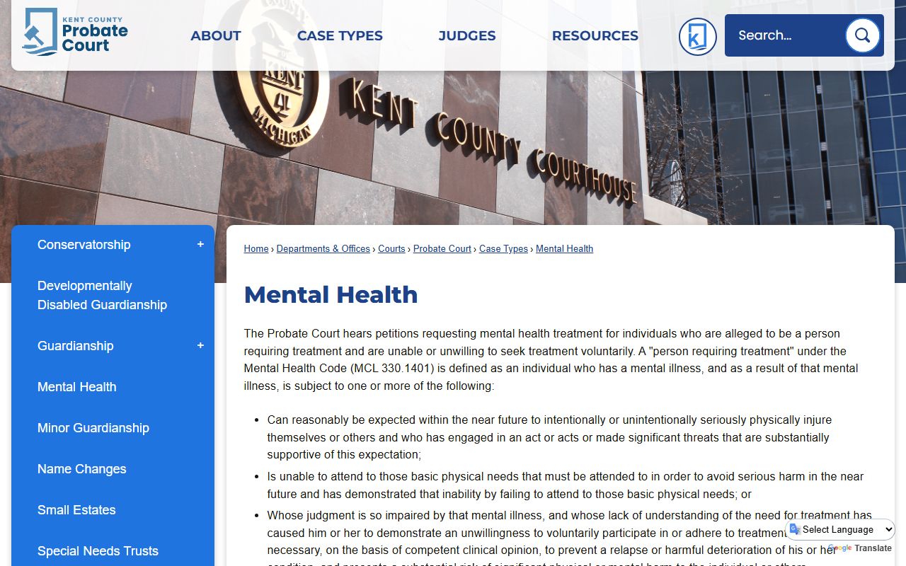 Kent County mental health petition page for probate records