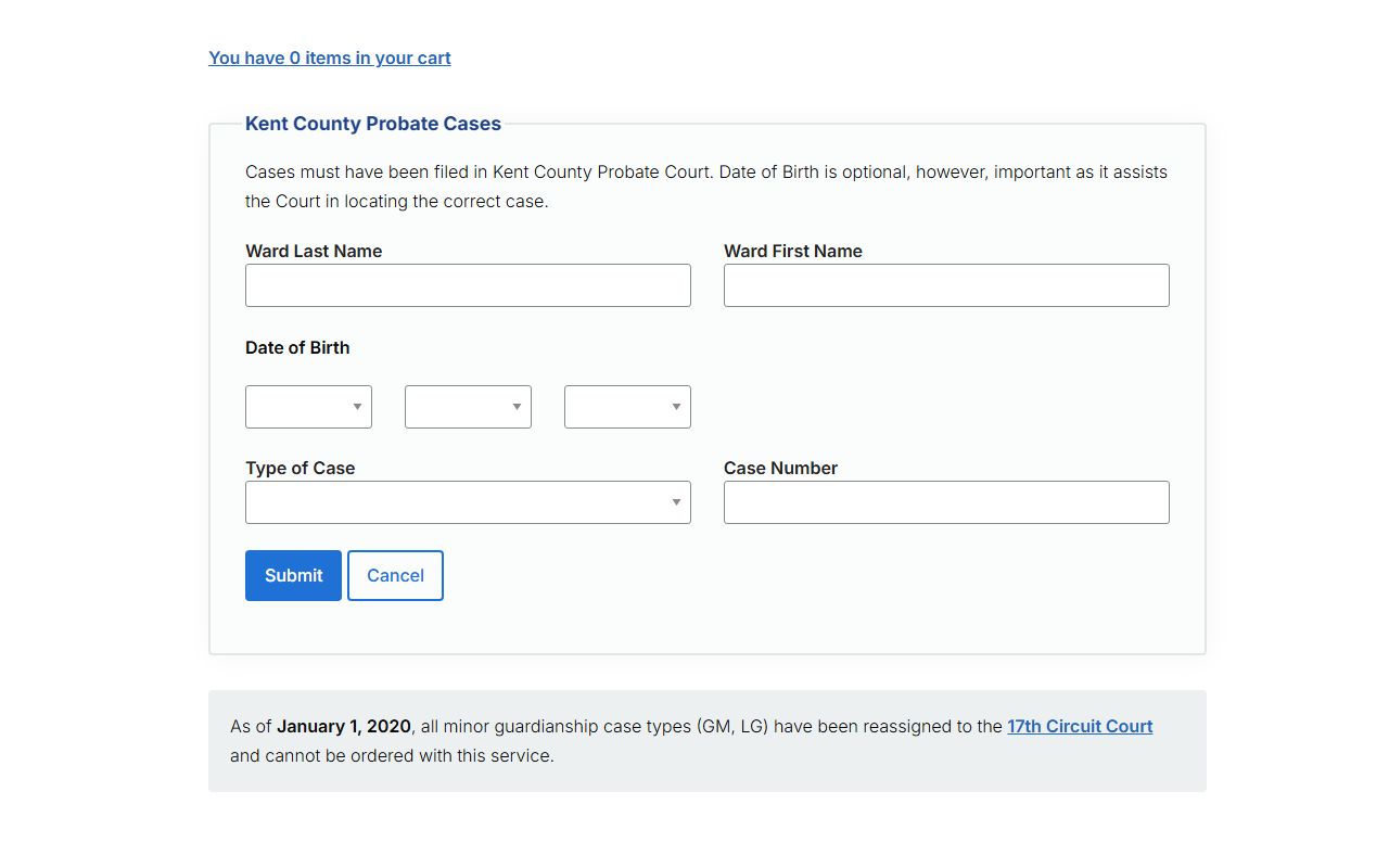 Kent County probate letters request form for probate records