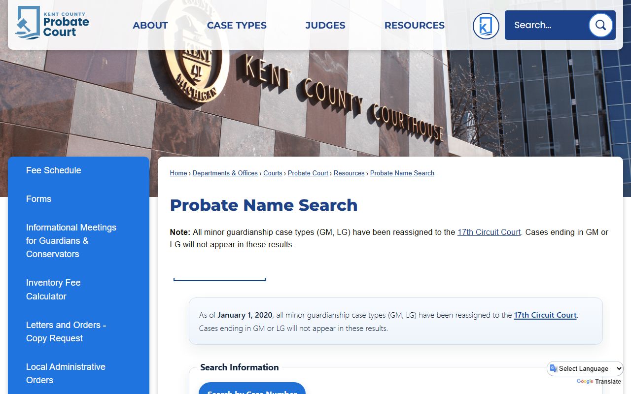 Kent County probate name search landing page for probate records