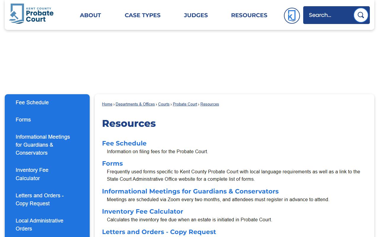 Kent County probate resources page for probate records