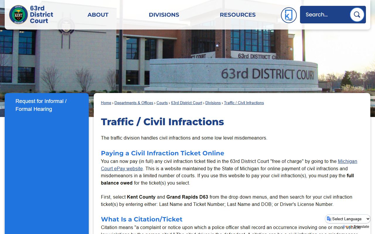 Kent County traffic court records portal for 63rd District Court traffic and civil infractions